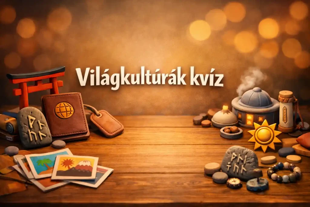Világkultúrák kvíz hero kép utazós asztali jelenettel és kulturális szimbólumokkal.