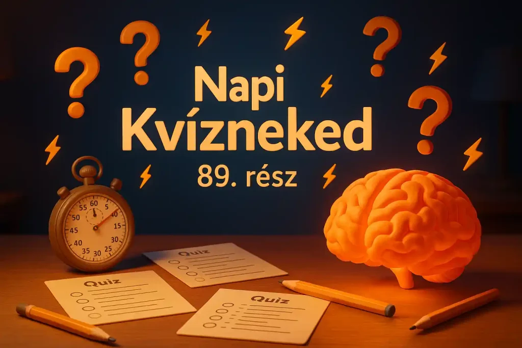 Villámkvízhez készült hero kép a Napi Kvízneked 89. részéhez, villámokkal, kérdőjelekkel és egy stilizált aggyal az asztalon.
