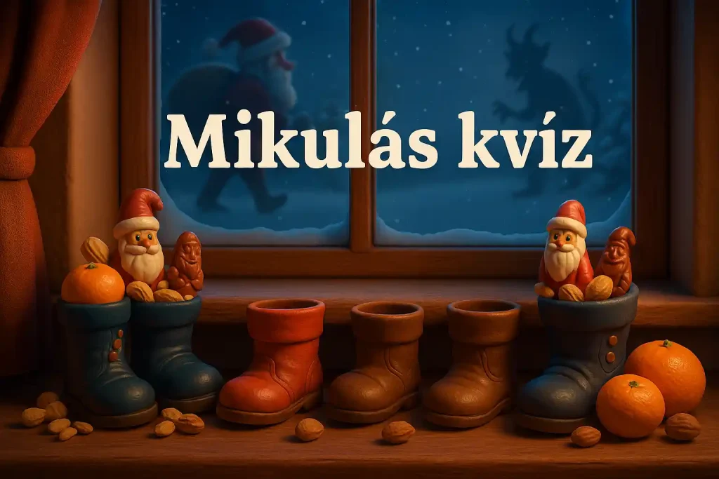 Gyerekkori hangulatú Mikulás kvíz hero kép kipucolt cipőkkel, ajándékokkal és téli ablakpárkánnyal.