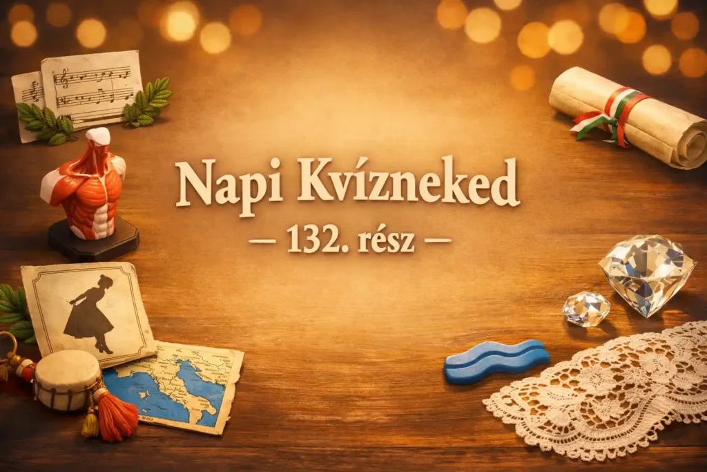 Vegyes kvíz hero kép: műveltségi témák tárgyai a kép szélén, üres középpel.