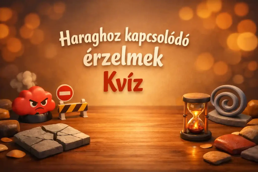 Harag kvíz illusztráció düh, frusztráció és neheztelés jelképeivel egy asztali jelenetben.