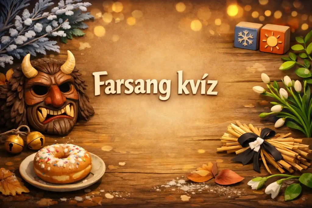 Farsang kvíz hero kép farsangi maszk, fánk és télűző jelképek csendéletével.