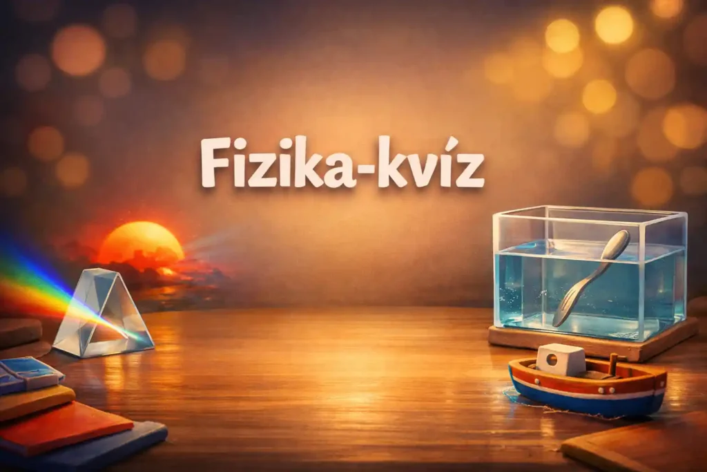 Hiperrealisztikus illusztráció fizika kvíz témában: szóródás, fénytörés és felhajtóerő jelképekkel.