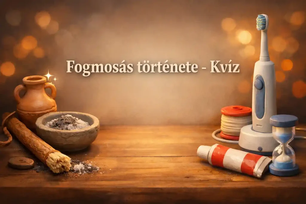 Asztali illusztráció a fogmosás története kvíz témájáról, rágóbottal, fogporral, tubussal és villanyfogkefével.