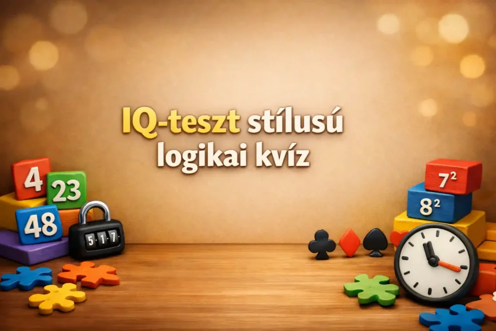 IQ-teszt logikai kvíz témájú hero kép számokkal, puzzle elemekkel és jelképes kártyaikonokkal az asztal szélén.