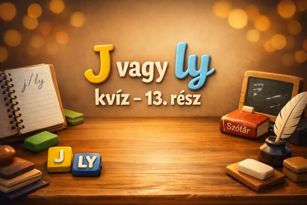 J vagy ly kvíz – 13. rész hero kép helyesírási gyakorláshoz, iskolai asztal hangulattal.