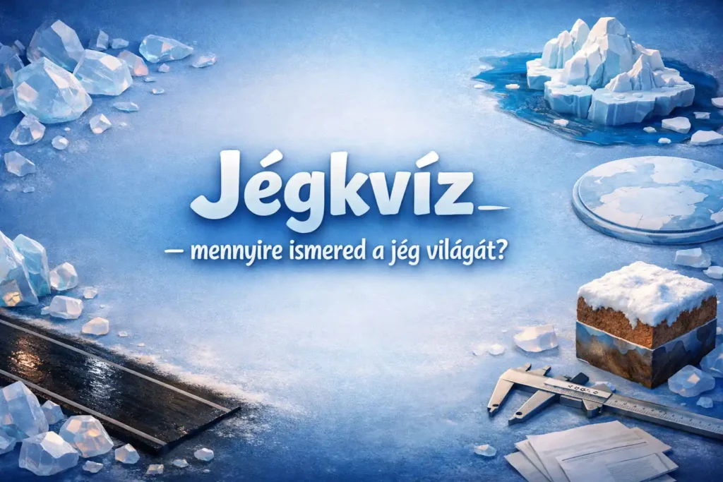 Jégkvíz – mennyire ismered a jég világát? feliratú hero kép jégdarabokkal, jégszigettel és fekete jégre utaló útfelülettel.