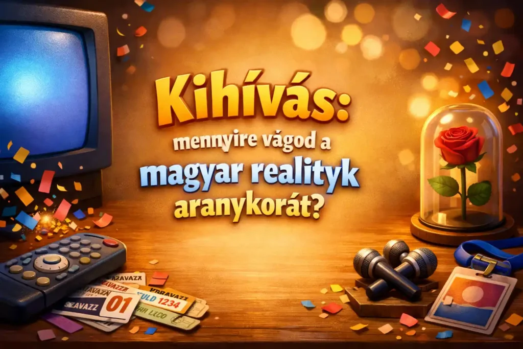 Magyar reality kvíz hangulatkép retro tévés kellékekkel és szavazós utalásokkal.
