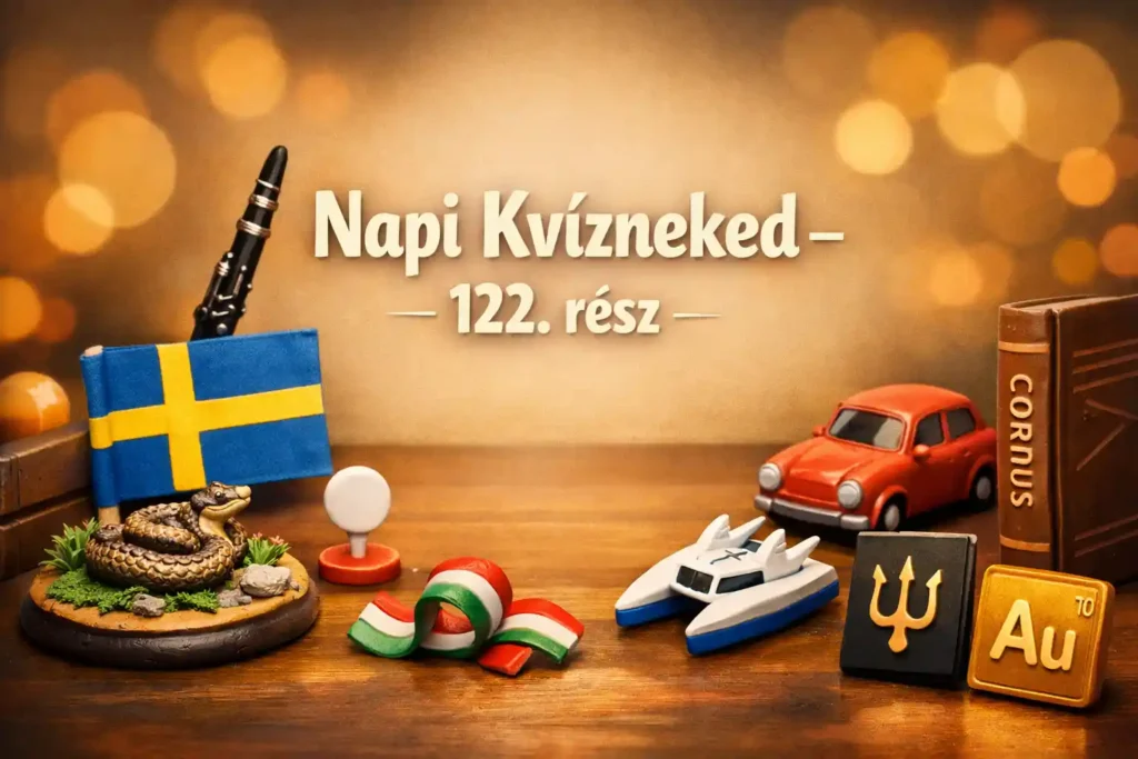 Vegyes kvíz hero kép ritka állatokkal, zászlóval, hangszerekkel és kémiai jelképekkel.