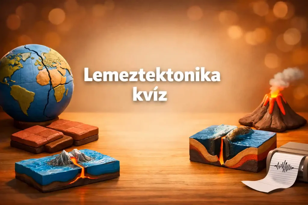 Lemeztektonika kvíz illusztráció: kőzetlemezek, óceáni hátság és földrengés jelképei egy geológia asztali jelenetben.