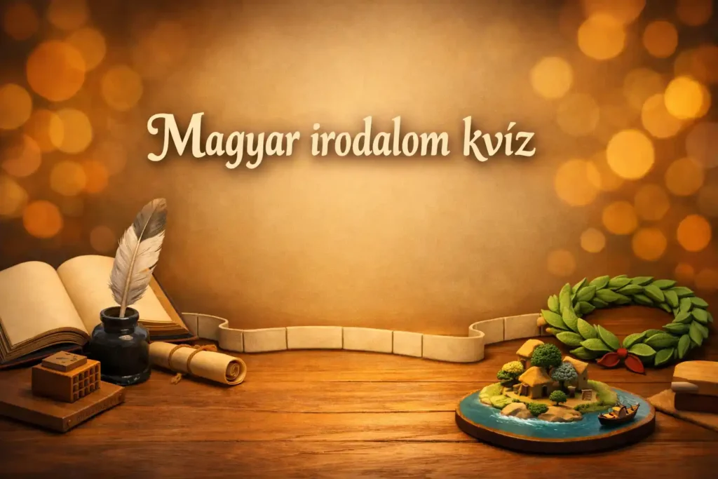Magyar irodalom kvíz hero kép könyvekkel, tollal és klasszikus irodalmi jelképekkel.