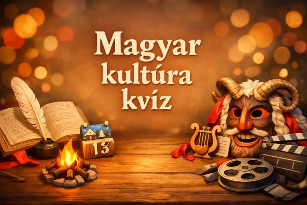 Magyar kultúra kvíz hero kép irodalmi és filmes, népszokásos szimbólumokkal.