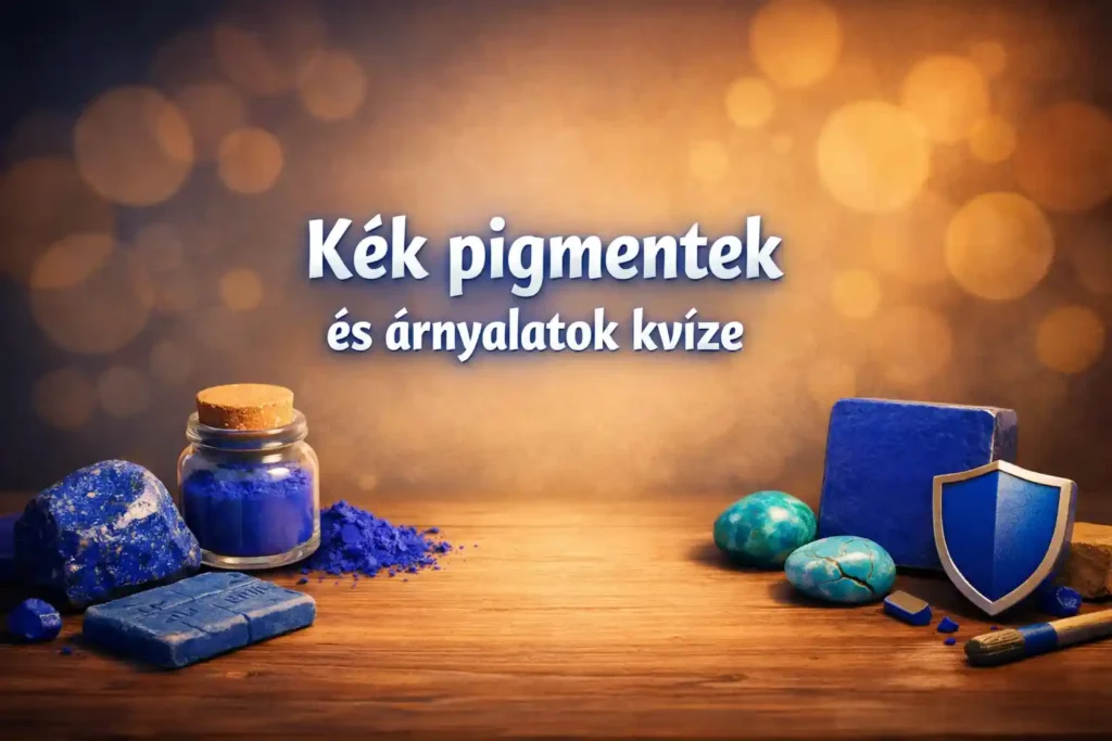 Kék pigmentek kvíz hero kép kék porpigmentekkel és festékes kellékekkel.
