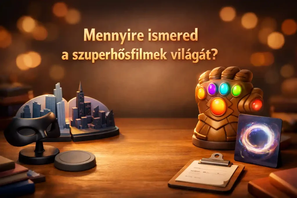 Szuperhősfilmek kvíz hangulatkép jelképes kellékekkel, középen címhellyel.