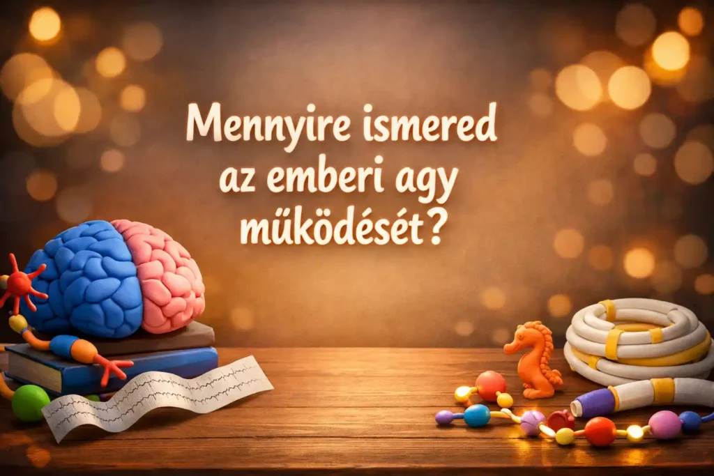 Emberi agy kvíz hero kép: agymodell, neuronok és EEG motívumok egy asztalon.