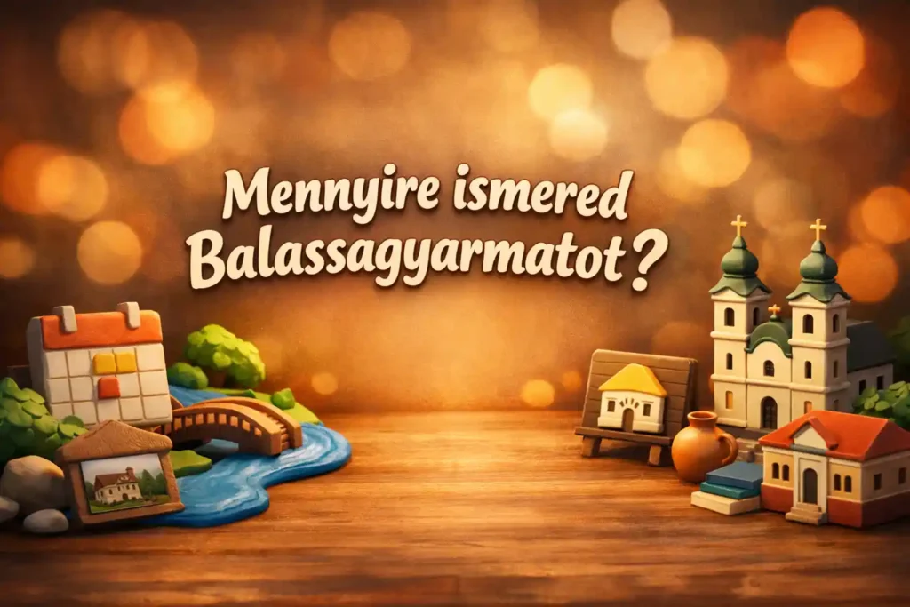 Balassagyarmat kvíz hero kép, városi jelképekkel és helyismereti utalásokkal.