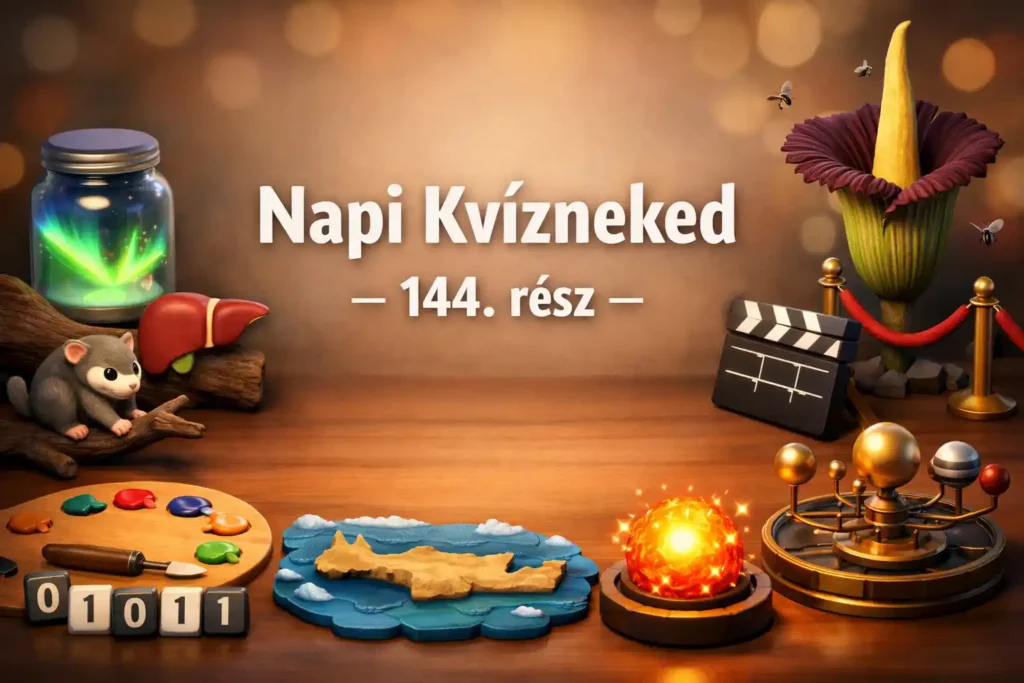 Vegyes műveltségi kvíz illusztráció aurórával, tudományos és kulturális motívumokkal.