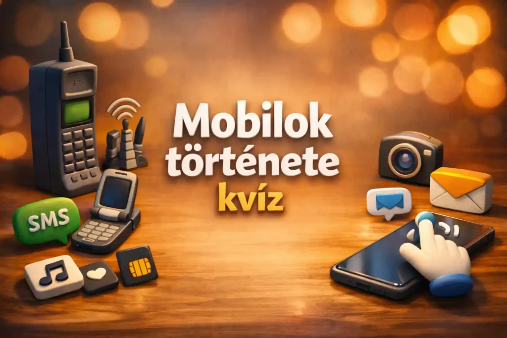 Mobilok története kvíz hero kép, ikonikus telefonkorszakok szimbólumaival.