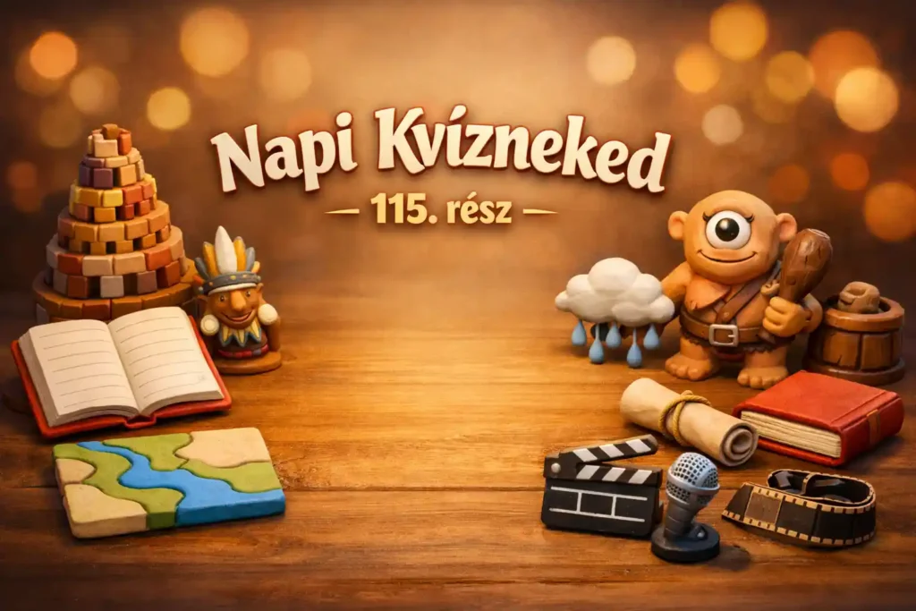 Napi tudásfröccs kvíz hero kép vegyes tudáspróba tárgyakkal, középen üres címtérrel.