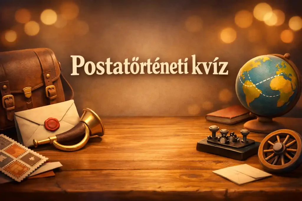 Postatörténeti kvíz hero kép futárokkal, bélyegekkel és postai jelképekkel egy asztali csendéleten.