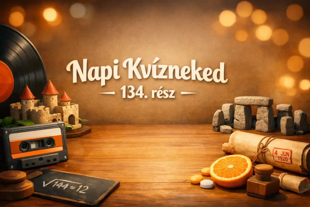 Retró hangulatú illusztráció a vegyes kvíz 134. részéhez, kazettával, bakelittel és apró tudás-szimbólumokkal.