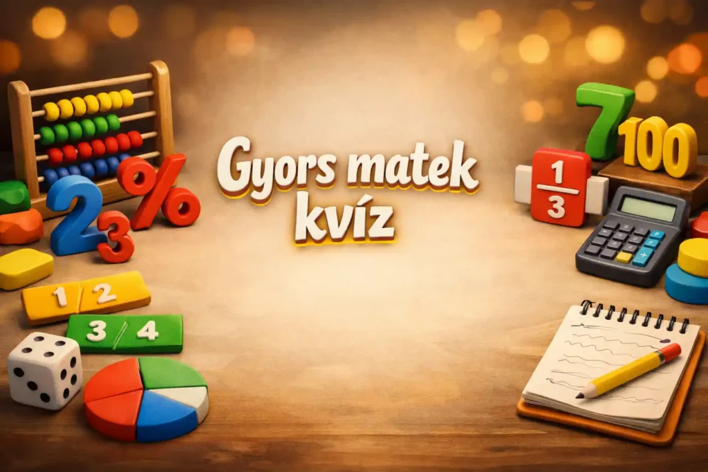 Gyors matek kvíz illusztráció számokkal, százalékjelekkel és fejszámolásos hangulattal.