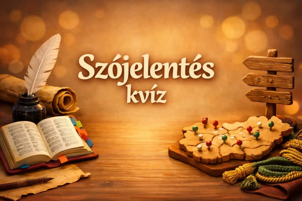 Szójelentés kvíz illusztráció köznyelvi, tájnyelvi és régies szavakkal, szótáras asztali jelenettel.