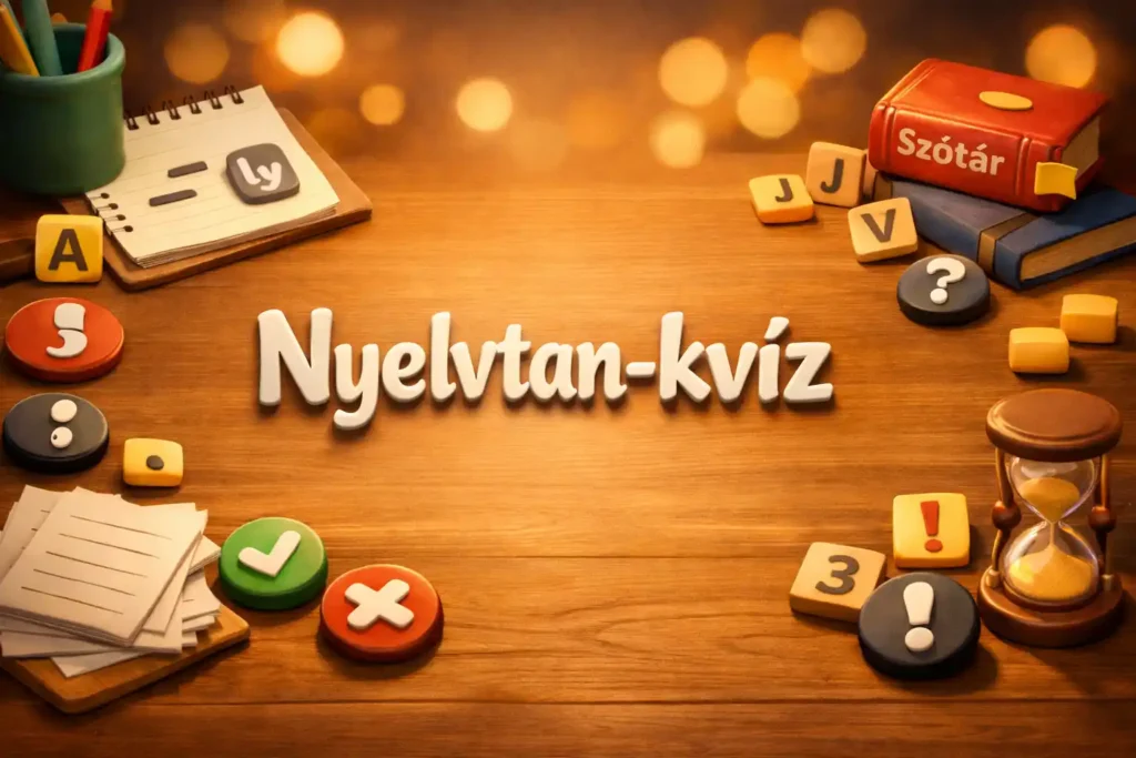 Nyelvtan kvíz illusztráció magyar nyelvi kérdésekkel és írásjelekkel egy asztalon.