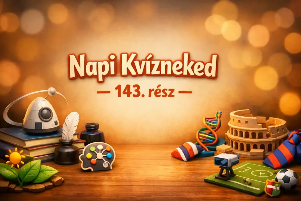 Vegyes kvíz témáit jelképező asztali csendélet, középen „Napi Kvízneked – 143. rész” felirattal.