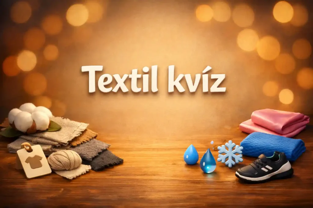 Textil kvíz hero kép anyagmintákkal és ruhacímke ikonokkal.