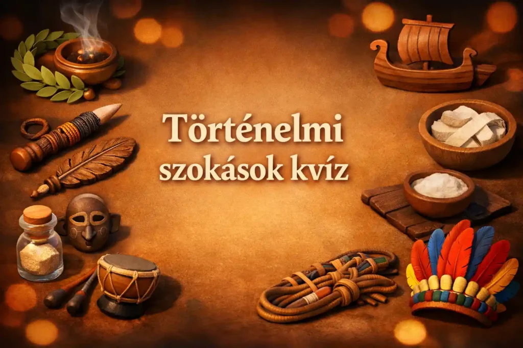 Történelmi szokások kvíz hero kép rituálékat és jelképeket idéző tárgyakkal egy asztalon.