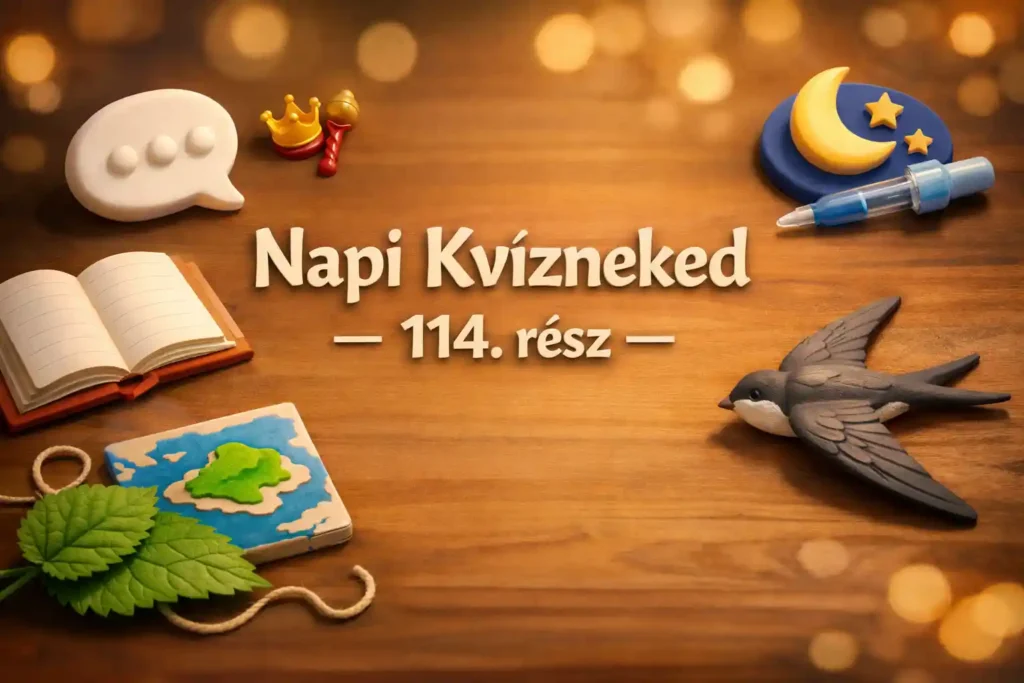 Tudásmix kvíz 114. rész hero kép nyelv–történelem–természet témákkal, jelképes tárgyakkal egy asztalon.