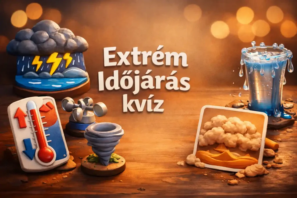 Extrém időjárás kvíz hero kép: villám, tornádó, szélrekord és heves eső ikonok egy asztali kompozícióban.