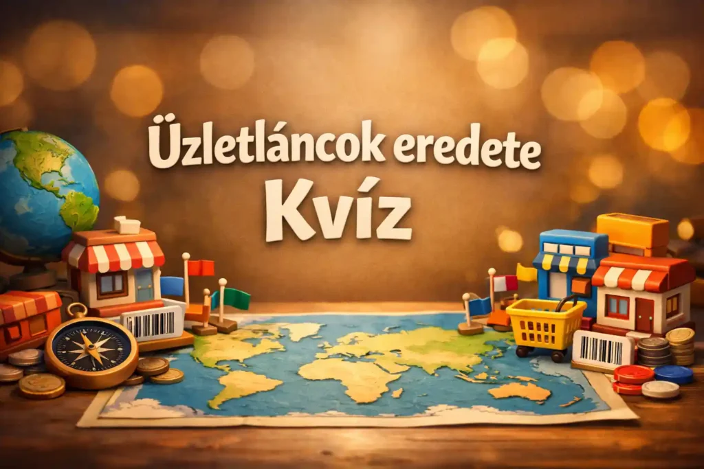 Üzletláncok eredete kvíz borítókép térképpel és apró bolti ikonokkal.