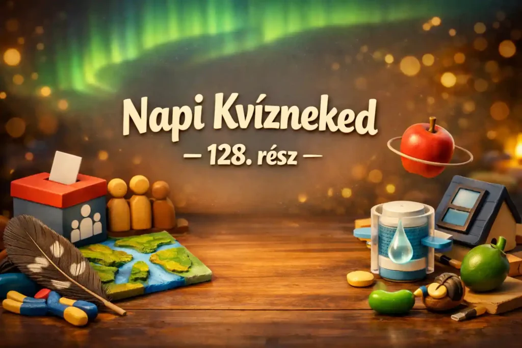 Vegyes kvíz illusztráció demokrácia, delta és gravitáció témájú ikonokkal.