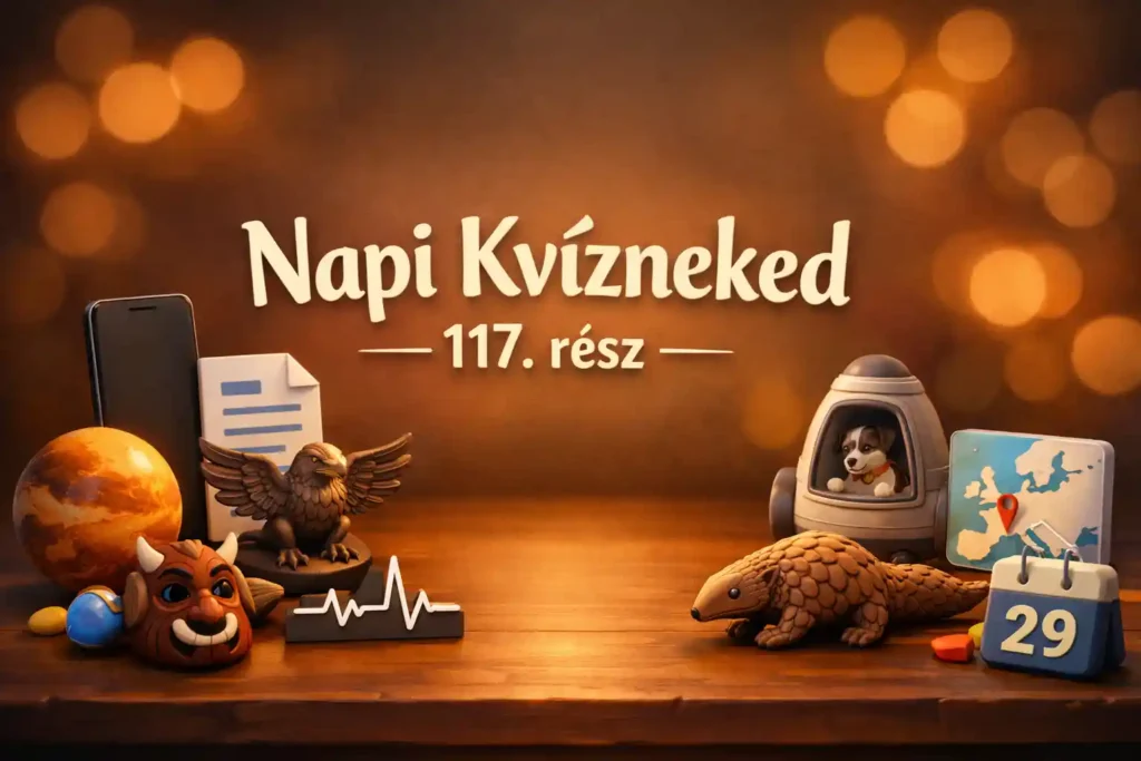 Vegyes kvíz hangulatkép tech, kultúra, űrkorszak és természet témájú ikonikus tárgyakkal, középen üres címhellyel.