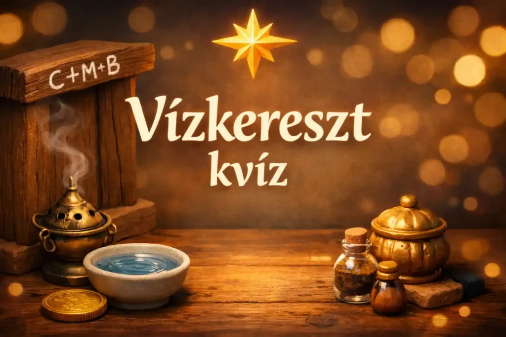 Vízkereszt kvíz hero kép vízszenteléssel, csillag motívummal és háromkirályos utalásokkal.