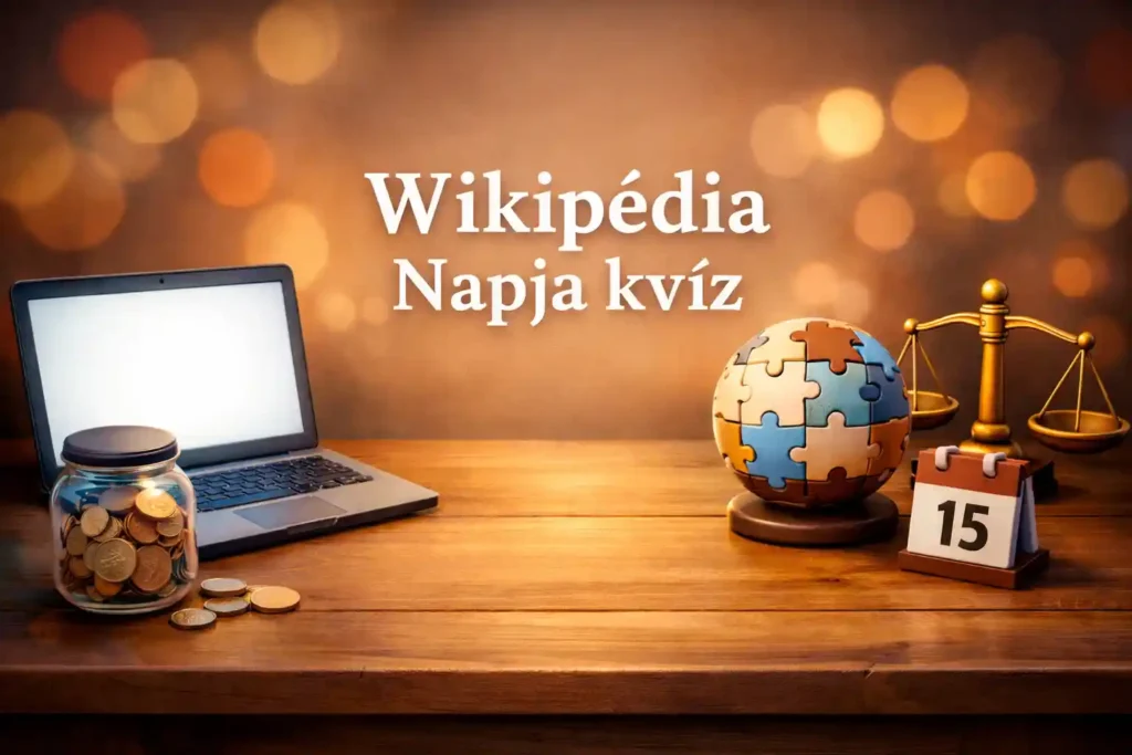 Wikipédia Napja kvíz hero kép laptopkal, puzzle-glóbusz szimbólummal és semlegességet jelző mérleggel.