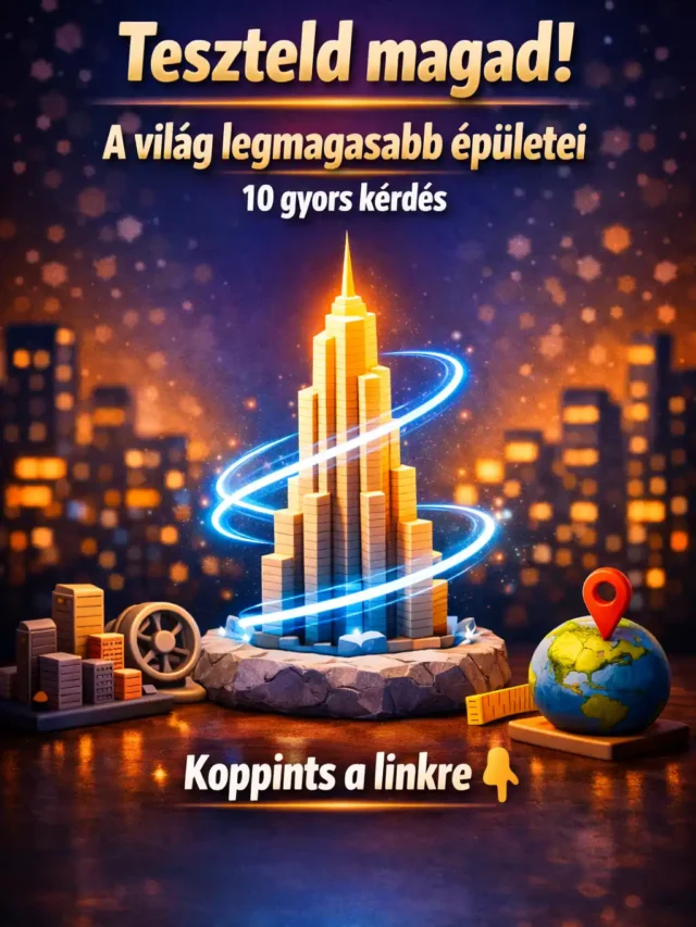 „A világ legmagasabb épületei” felirat, stilizált felhőkarcoló fényspirállal, „10 gyors kérdés” CTA-val.