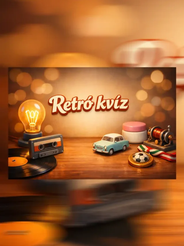 Retró kvíz borítókép bakelittel, kazettával és villanykörtével, fa asztalon játékautóval, meleg bokeh fénnyel