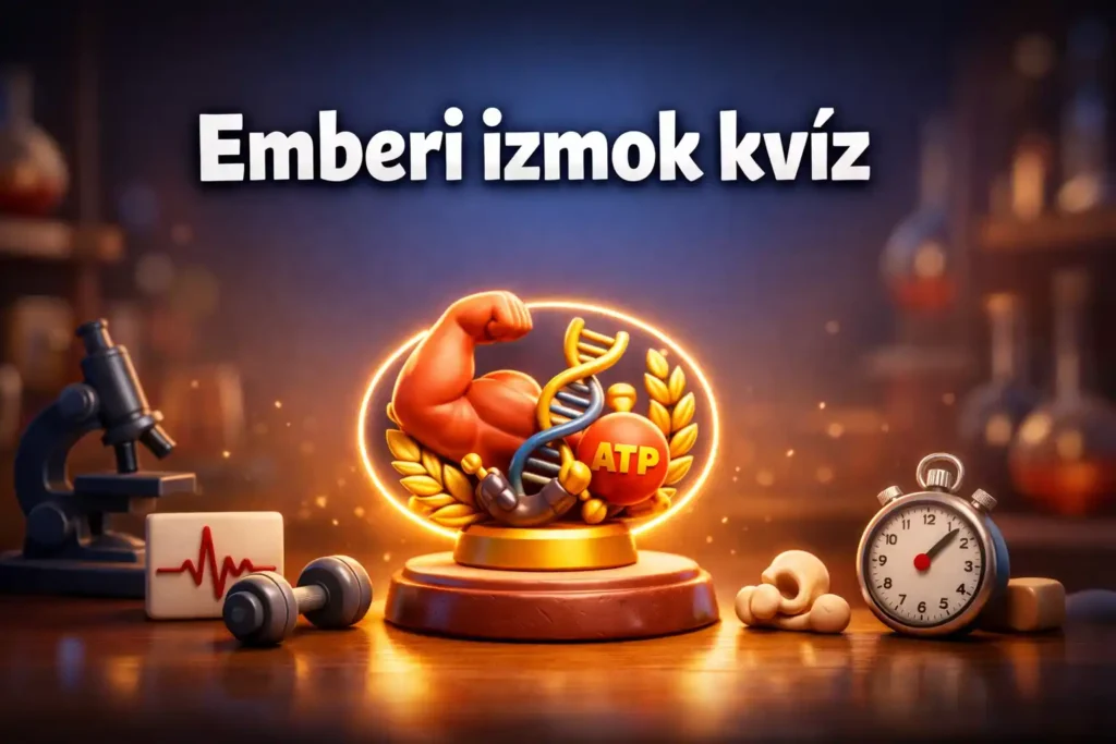 Emberi izmok témájú kvíz hero kép, izomműködés és izomrekordok vizuális motívumokkal.