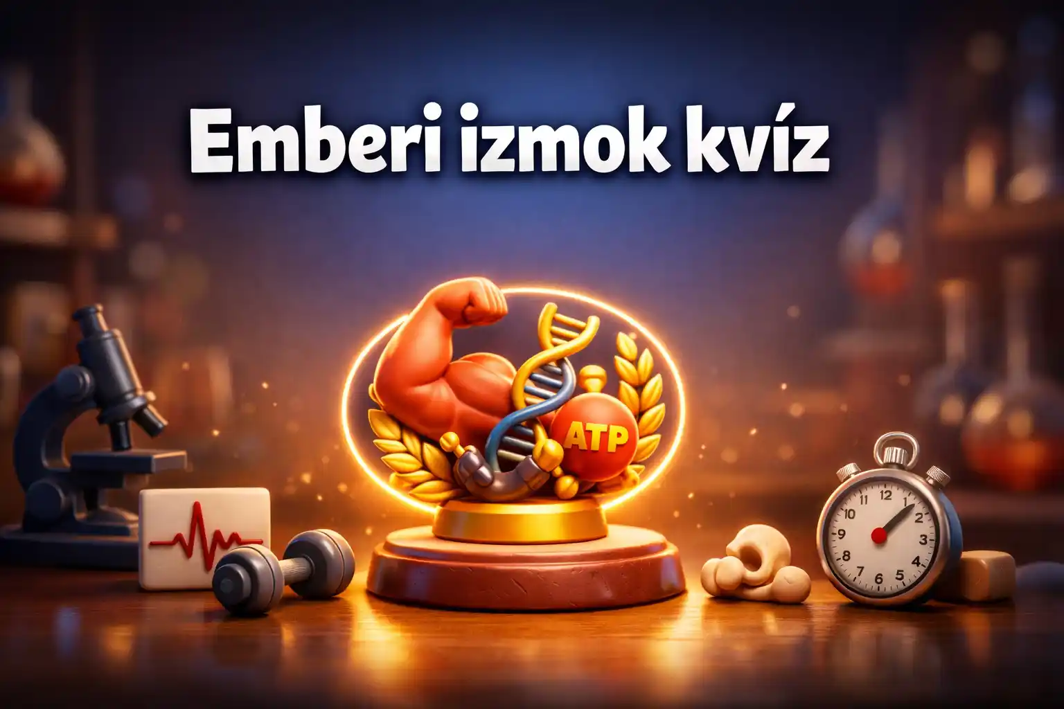 Emberi izmok témájú kvíz hero kép, izomműködés és izomrekordok vizuális motívumokkal.