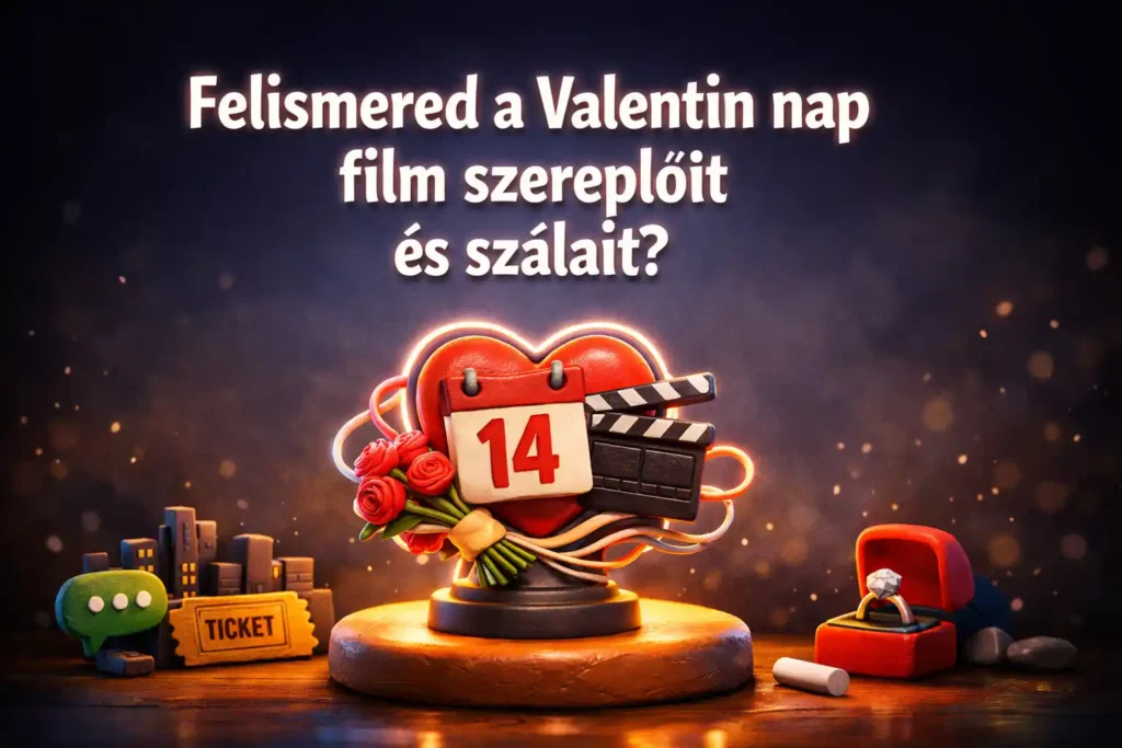 Valentin nap film kvíz borítókép mozaikszerű szerelmi szálakkal, filmes kellékekkel és romantikus hangulattal.