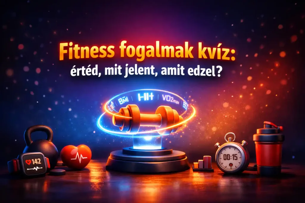 Fitness fogalmak kvíz hero kép, edzés rövidítésekkel és fitnesz eszközökkel egy látványos, glow-os jelenetben.