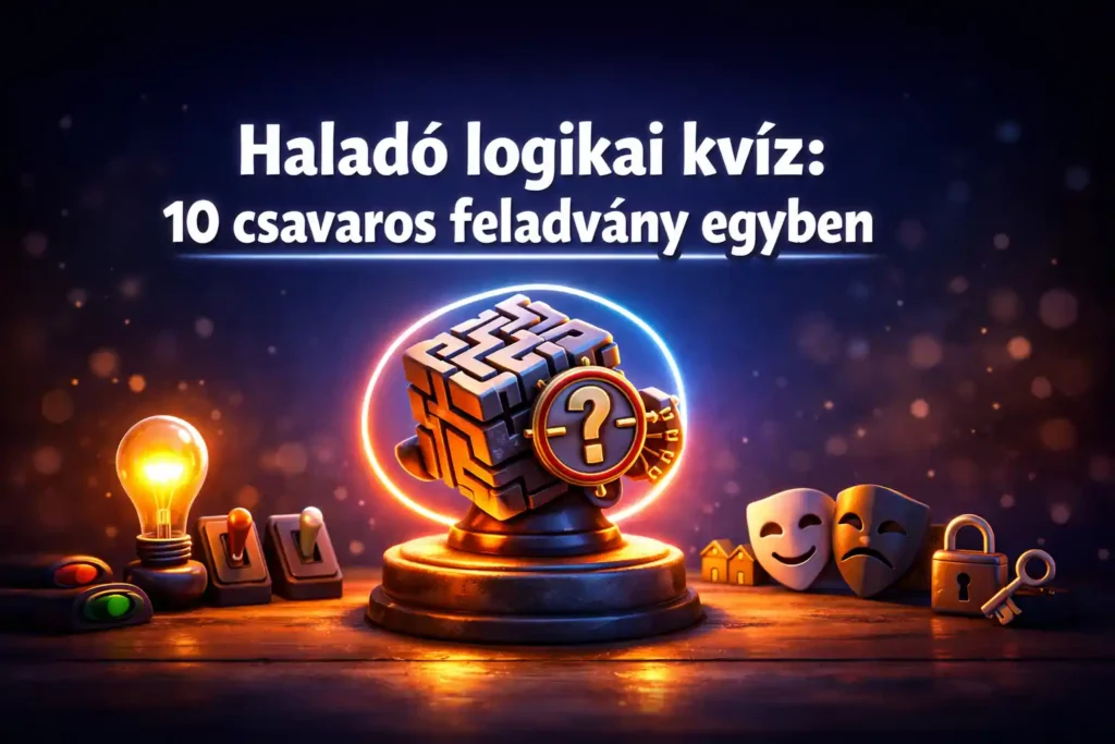 Haladó logikai kvíz hero kép csavaros feladványokkal: agytorna trófea, izzó, kapcsolók és kis kódkerék.