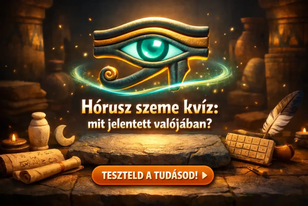 Hórusz szeme kvíz hero kép, világító wedjat szimbólummal és ókori egyiptomi hangulattal.