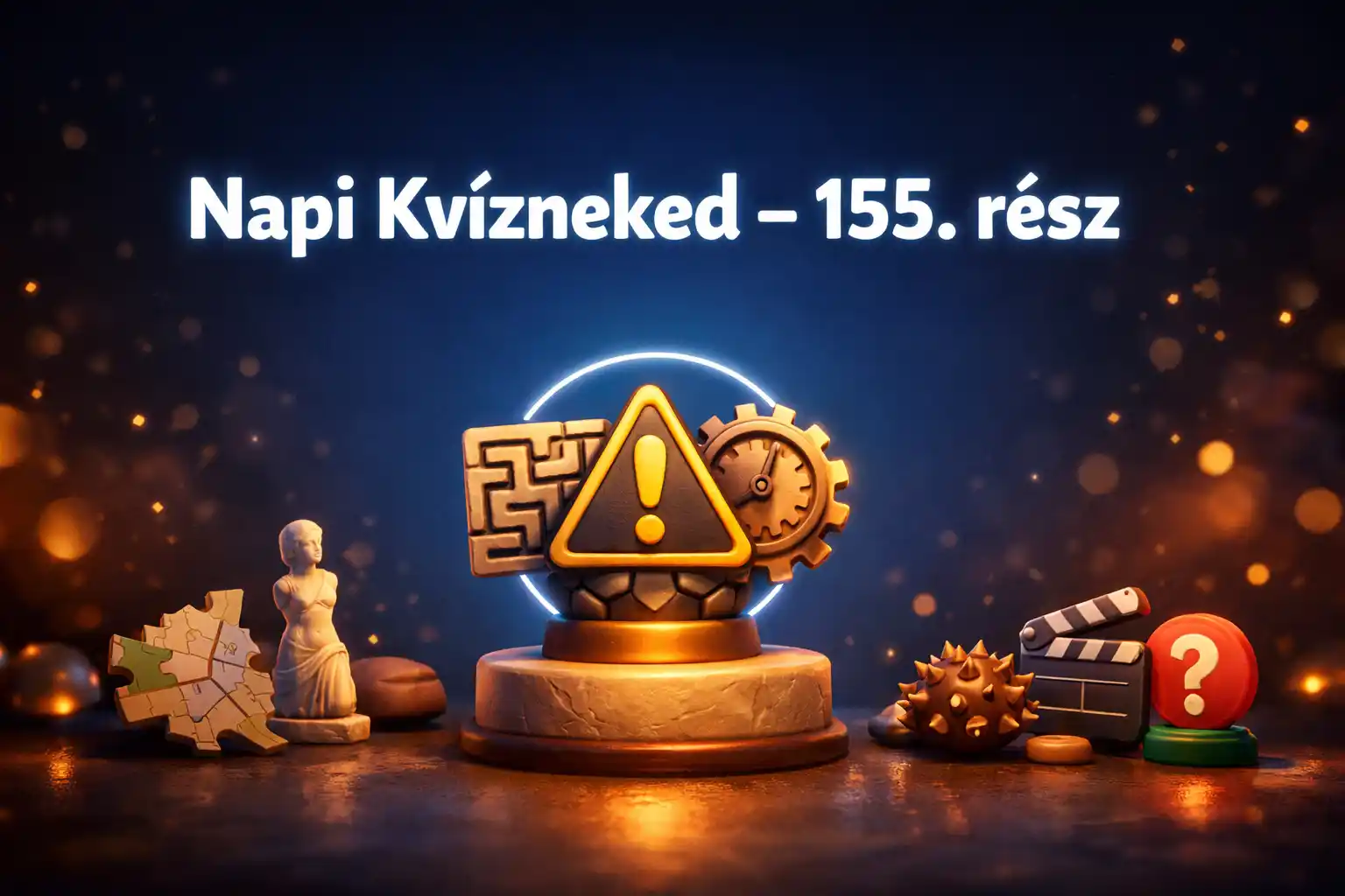 Napi vegyes kvíz 155. rész hero kép, látványos „rutin-csapda” trófeával és játékos kvíz-kellékekkel.