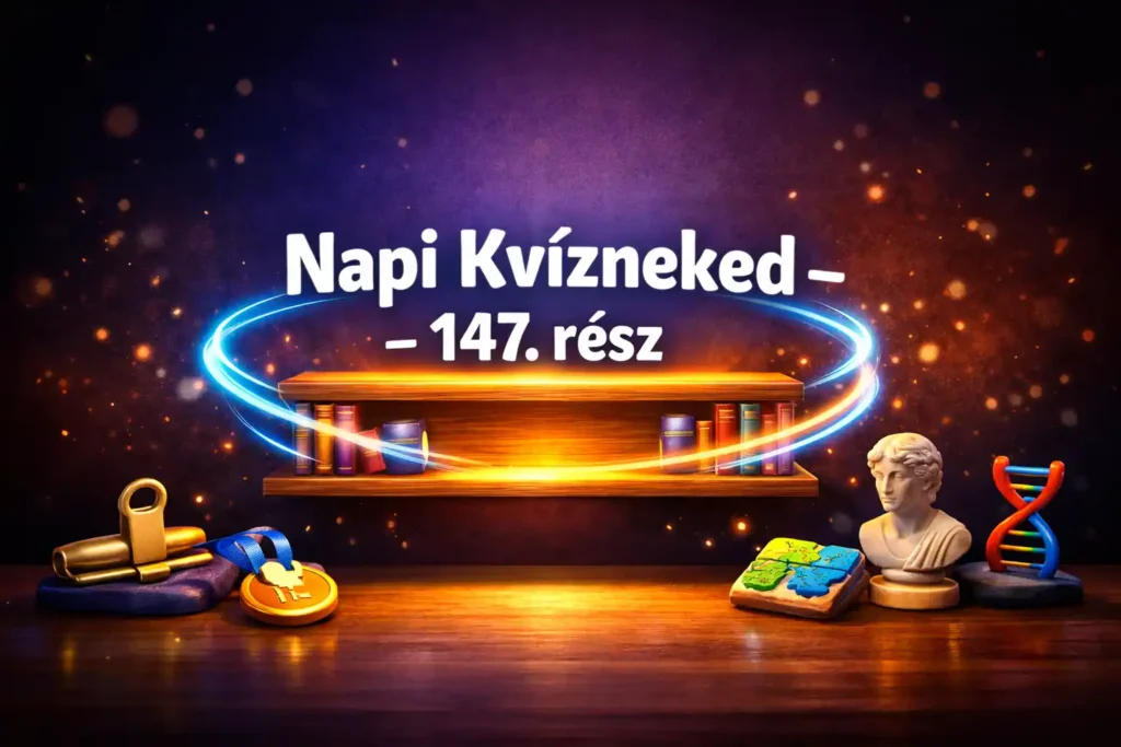 Vegyes kvíz 147. rész hero kép polc témával és tudás-szimbólumokkal.