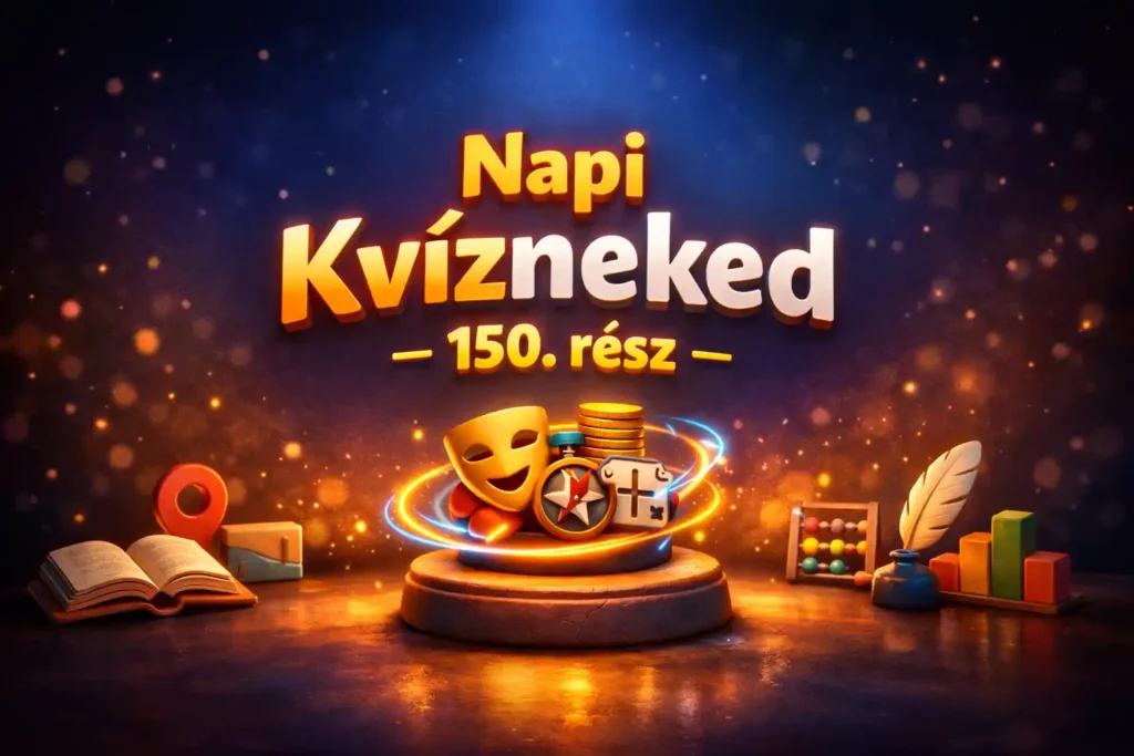 3D clay stílusú vegyes kvíz borítókép: fénylő kvízszínpad ikonokkal, „Napi Kvízneked – 150. rész” felirattal