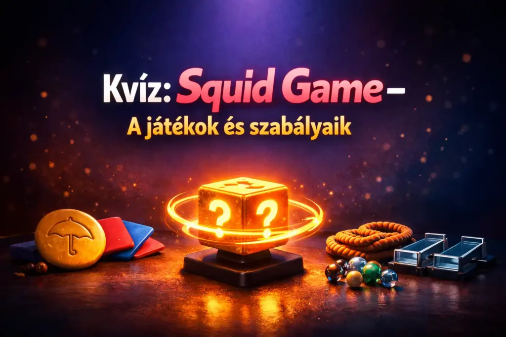 Kvíz: Squid Game – A játékok és szabályaik hero kép, játékokhoz kötődő kellékekkel (dalgona, ddakji, golyók, kötél, üveghíd).
